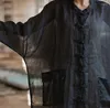 Camicette da donna Camicie di ramiè nere Donna 2023 Primavera Estate Manica a pipistrello Allentato Stile cinese Vintage Colletto alla coreana Tasche con bottoni Sottili