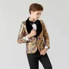 Abiti Abito per ragazzo comunione abito da sposa per bambini ragazzo Costume per bambini Abito blu oro Abito colletto nero per ragazzi 3PCS Flower BoysHKD230704