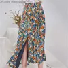 Юбки Женщины Цветочная плиссированная юбка хлопка разноцветные кнопки с цветочным принтом элегантные длинные юбки Z230706