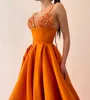 Modische orangefarbene Pailletten-Abschlussballkleider, Spaghetti-Abendkleider, Oberschenkelschlitz, formeller roter Teppich, langes Partykleid für besondere Anlässe