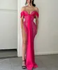 Fashion Rosy Pink Sequins Prom Dresses Off Shoulder Evening Gowns Pleats Slit Formal Red Carpet Long Special Occasion Party dress