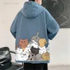 Erkek Hoodies Kara Kedi Baskı Beyzbol Ceket Erkekler Uzun Kollu Gevşek INS High Street Tops Street Giyim Gotik Gri Bombacı Ceket Erkekler HKD230704