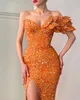 Fashion Orange Sequins Prom Dresses Sweetheart Evening Gowns Pleats Slit Formal Red Carpet Long Special Occasion Party dress