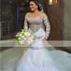 robe de mariee Mermaid Wedding Dress Sheer Long Sleeves Beads Crystal Ruffles Train Saudi Arabic Bride Party Gowns