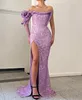 Fashion Lavender Sequins Prom Dresses One Shoulder Long Sleeves Evening Gowns Pleats Slit Formal Red Carpet Long Special Occasion Party dress