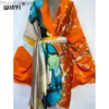 Roupa de banho feminina Roupa de banho feminina WINYI Summer Beach Wear Capa de banho kaftan sweet lady boho Cardigan ponto Self Belted sexy Holiday manga longa Kimono Z230704