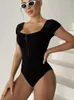Vrouwen Badmode Vintage Vrouwelijke Korte Mouw Badpak Vrouwen Rits Monokini Biquinis Badpak Bodysuit Zwart 2023