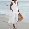 Casual Dresses Summer Female Solid Cotton Dress Pocket V Neck Sleeveless Linen Shirt Women Loose Waist Single-breasted Beach