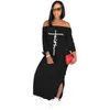 Maxikleider für Frauen Faith Letter Print Kurzarm DrSummer Streetwear Damen Casual Off Shoulder Split Sexy Kleider X0529