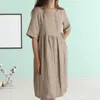 Casual Dresses Women Summer Dress Button Decoration O Neck Ladies Solid Color Half Single-breasted Loose Knee Length A-line