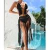 Maillots de bain pour femmes Maillots de bain deux pièces en tricot au crochet pour femmes 2023 Beachwear Push Up Halter Tie Up Tassel Bra avec Bottom Cover Up Bikini Sets J230704