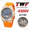 TWF Overseas Perpetual Calendar Moonphase 4300V A1120 Relógio masculino automático Rosa Ouro Azul Esqueleto Mostrador Laranja Borracha Super Versão Reloj Hombre Puretime B05