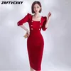 Casual Dresses Spring Fashion Buttons Decor Lady Bodycon Red Pencil Dress Women Vintage Chic Square Neck Simple Sexy Sheath Vestidos