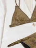 Kadın Mayo Gold Glitter Mayo Kadınlar 2023 Parlak İki Parça Bikini Seksi Vneck Askı Yüksek Bel Ackless Bathing Suit XMC185W J230704