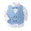 Kostymer Formell Byxa Barnkläder Pojkkostym Eleganta kläder Blå Baby Boys Outfit Match Gentleman Skjorta Knytväst 3st Set Barn FödelsedagHKD230704