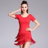 Traje de Palco Feminino Trajes de Dança Latina Preto Vermelho Tassel Roupas para Prática Competição Performance