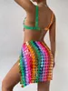 Tvådelt klänning Rainbow Sequins Sexiga kvinnor 2 uppsättningar Se genom backless Crop Top Split Mini Kirt Club Party Beach Rave Festival Outfits 230630