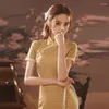 Vêtements ethniques jaune fille amélioré Cheongsam Plaid 2023 quotidien Qipao rétro été robes jeune Style