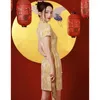 Etniska kläder Gul Cheongsam 2023 Qipao Dress Mordern Chinese Style Short Fried Street. Miniklänningar