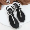 Women sandals 2023 new summer shoes flat pearl sandals comfortable string bead beac casual sandals pink white black L230704