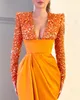 Fashion Orange Sequins Prom Dresses V Neck Long Sleeves Evening Gowns Pleats Slit Formal Red Carpet Long Special Occasion Party dress