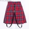 Skirts Rosetic Women Skirts Summer Black Punk Rock Gothic Sexy Chic A Line High Waist Plain Belt Button Girls Vintage Plaid Skirts Z230704