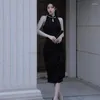 Odzież etniczna Vintage seksowna bez rękawów damska ulepszona Qipao klasyczna elegancka stójka czarna Cheongsam Slim Split chińska sukienka