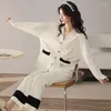 Women's Sleepwear QWEEK Cotton Pajamas Designer Clothes Luxury Trouser Suits Autumn Winter Cardigan Home Wear Nightie 2023