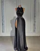 Elegant Black Evening Gown Beads High Collar Split Party Prom Dresses Sweep Train Formal Long Dress for red carpet special occasion