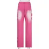 Star Patch Designs Rosa jeans Tie Dye Print Estetisk Bred Ben Casual Denim Byxor Dam Koreansk stil Söta byxor