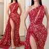 Fashion Red Sequins Prom Dresses One Shoulder Evening Gowns Pleats Slit Formal Red Carpet Long Special Occasion Party dress