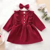 Girl s Dresses Autumn Children Girls Dress Headband 2pcs Solid Color Ruffles Long Sleeve Bowknot Button A Line Princess Clothes 230704