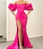 Fashion Rosy Pink Prom Dresses Strapless Puffy Sleeves Evening Gowns Pleats Slit Formal Red Carpet Long Special Ocn Party Dress