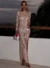 الفساتين غير الرسمية Chronstyle Ramy Rhinestons Mesh Club Cocktail Party Dress Sexy Women Women See من خلال الأكمام الطويلة O-Neck Hollow Side Side Midi