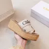 2024 summer new cross-letter printing thick-soled slippers inner height-increasing woven bag hemp rope beach sandals and slippers women 35-42