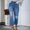 Women's Jeans YYCZF High Waist Jean For Slim Casual Street Style Stretch Denim Loose Hole Nine Point Straight Push Up Women