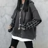 Moletom Feminino Manga Xadrez Moletom Com Capuz Preto Estilo Gótico Patchwork Grunge Long Pullovers Coreano 2023 Moda