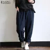 ZANZEA 5XL Autumn Striped Pants Women Casual Baggy Pant Turnip Long Pantalon Palazzo Lady Elastic Waist Harem Pants Plus Size T200186y