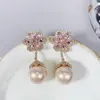 Dangle Earrings Fashion Flower Cubic Zirconia Earring Paved 13mm Ball Pearl Pandent Women Banquet Party Jewelry