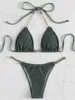 Kadın Mayo Seksi Neon Sarı Bikini Seti 2022 Kadın Katı Siyah Piled Push Up Up Mayo Yaz Plaj Maması Metal Zincir Teşhal J230704