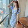 Vestidos de Festa Feminino One Piece Korea Dress Summer 2023 Office Lady Estilo Francês Vintage Xadrez Patchwork Manga Curta Cintura Alta