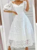 Skirt White Floral Print Dress Women Summer Elegant Puff Sleeve Slash Neck Dress Lace Ing Slim Party Prom Wedding Long Dresses