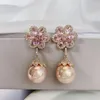 Dangle Earrings Fashion Flower Cubic Zirconia Earring Paved 13mm Ball Pearl Pandent Women Banquet Party Jewelry