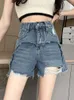 Pantalones cortos de mujer FTLZZ Verano Vintage Agujero Denim Mujer Moda Cintura alta Pierna ancha Señora Casual Botones Bolsillos Jean