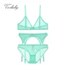 Varsbaby Light Green Soft Mesh Lingerie Set Sexy Yarn Transparent Deep V Wire Seamless Comfortable Bra Panty Garter Q07052321