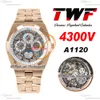 TWF Overseas Perpetual Calendar Moonphase 4300V A1120 Automatisk Herrklocka Rose Gold Vit Skeletturtavla Rostfritt stålarmband Superversion Puretime B13