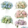 Decorative Flowers Wreaths Silk Peony Hydrangea Bouquet 7 Forks Artificial Realistic Plastic Carnations Peonies Flower Wedding Par Dhnt3