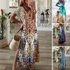 Casual Dresses Women Dress Loose Short Sleeves Lady Summer Vintage Flower Print V Neck Maxi Side Split Mid-calf Length Female