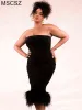 Женские элегантные черные коктейльные платья для вечеринок без бретелек без спинки Bodycon Summer Платье Сексуальное корсет топ миди -платье с пером