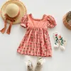 Girl Dresses 2023 Summer Fashion Girls Dress Square Collar Kids Short-sleeved Skirt Boutique Clothing Simple Style Clothes